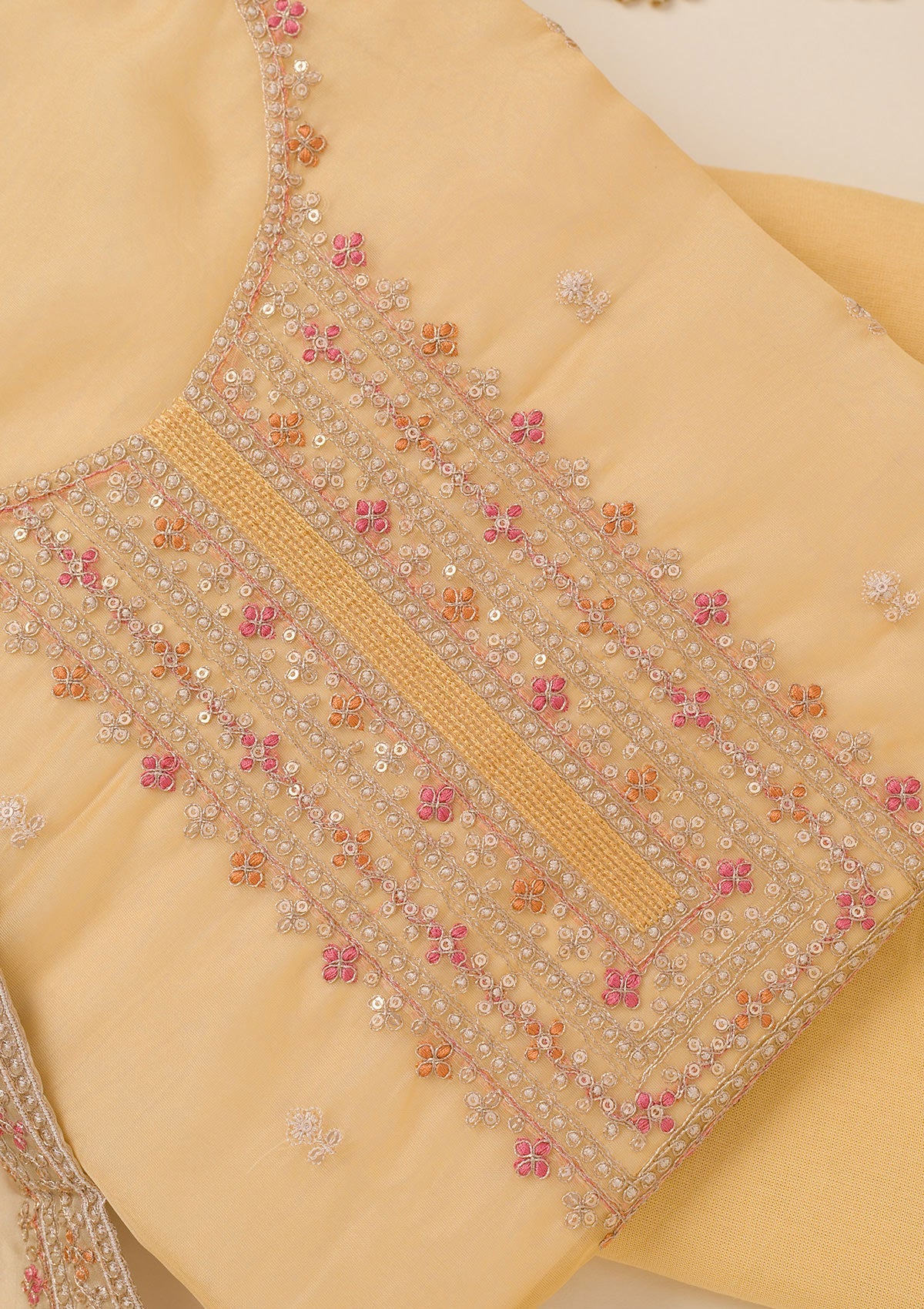 Yellow Zariwork Organza Unstitched Salwar Suit