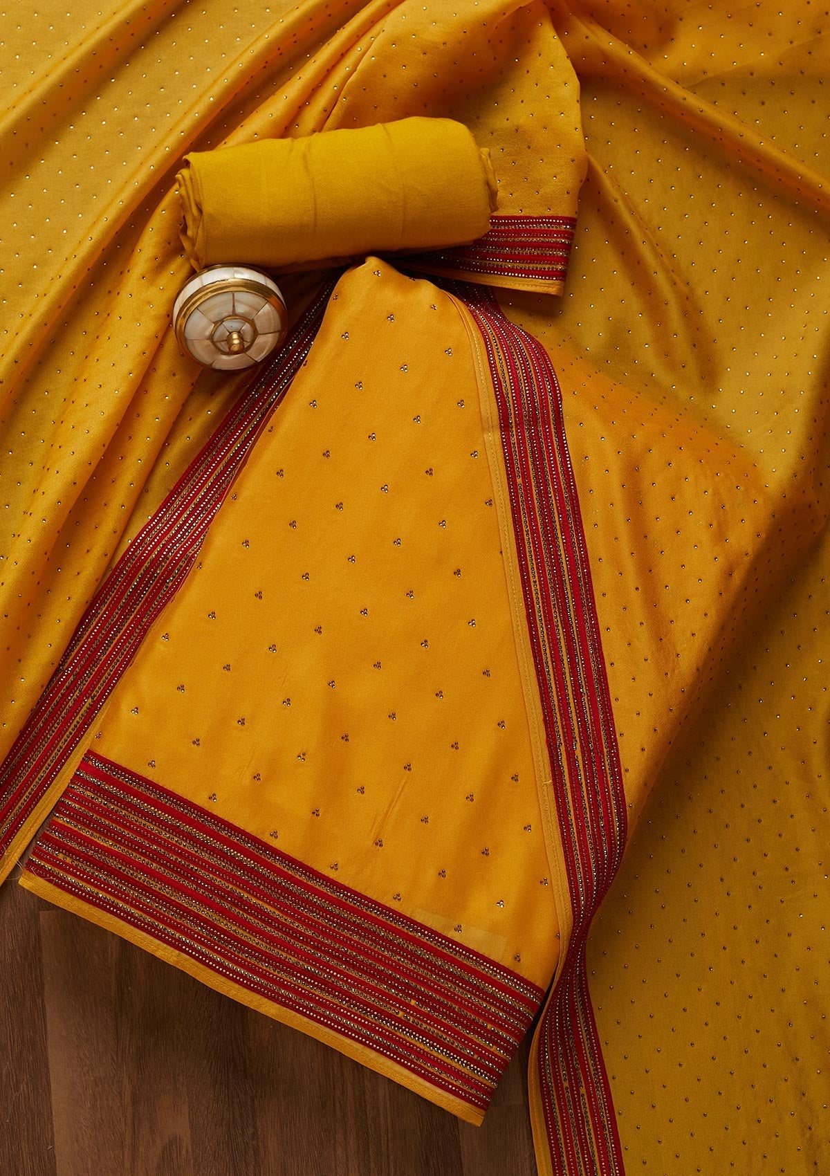 Yellow Zariwork Raw Silk Unstitched Salwar Suit