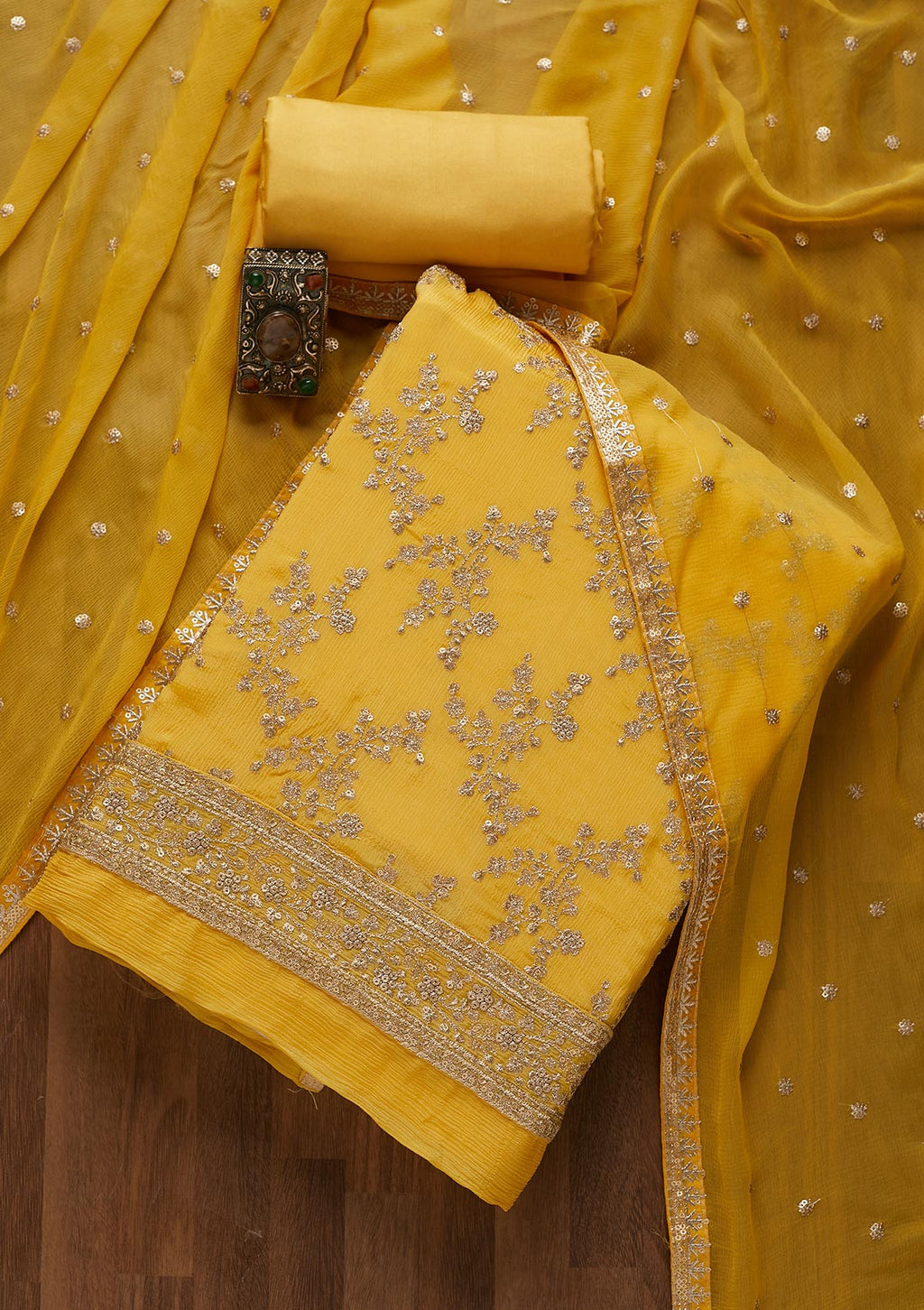 Yellow Zariwork Semi Crepe Unstitched Salwar Suit