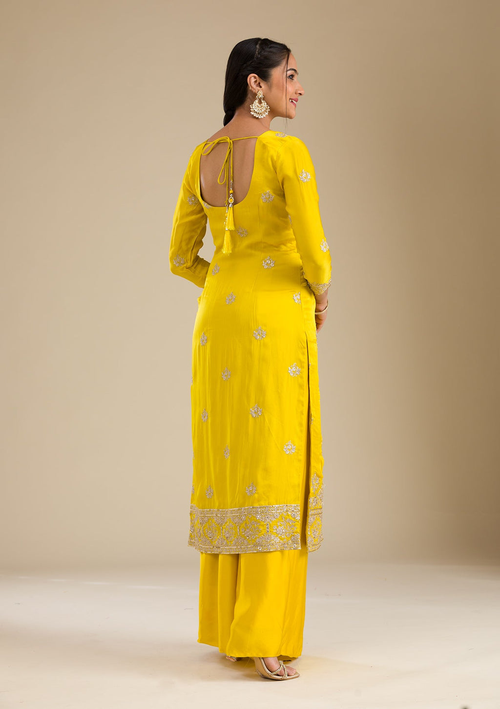 Yellow Zariwork Semi Crepe Readymade Salwar Suit