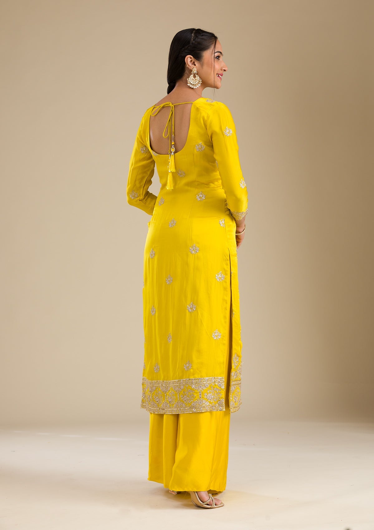 Yellow Zariwork Semi Crepe Readymade Salwar Suit
