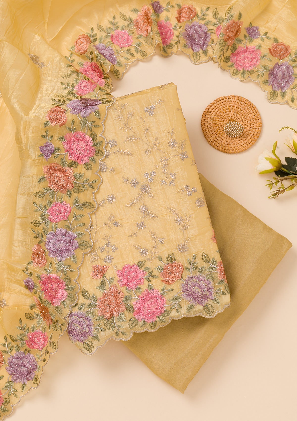 Yellow Zariwork Semi Crepe Unstitched Salwar Suit