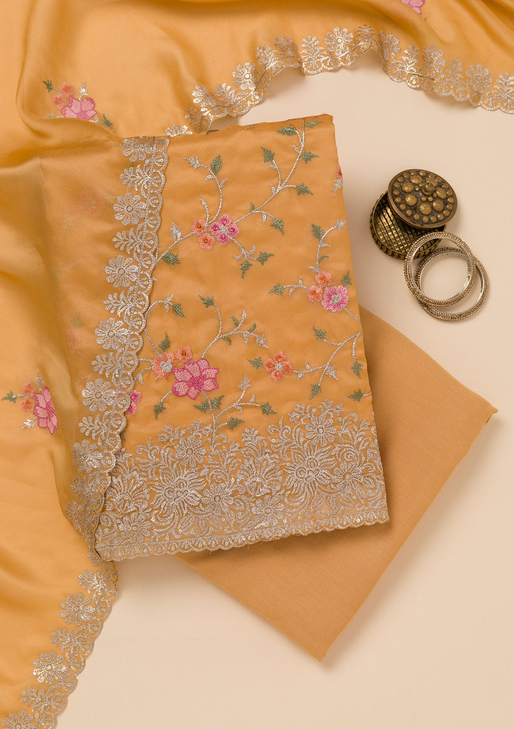 Yellow Zariwork Semi Crepe Unstitched Salwar Suit