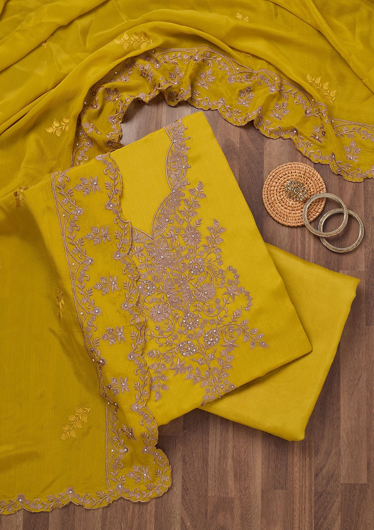 Yellow Zariwork Semi Crepe Unstitched Salwar Suit