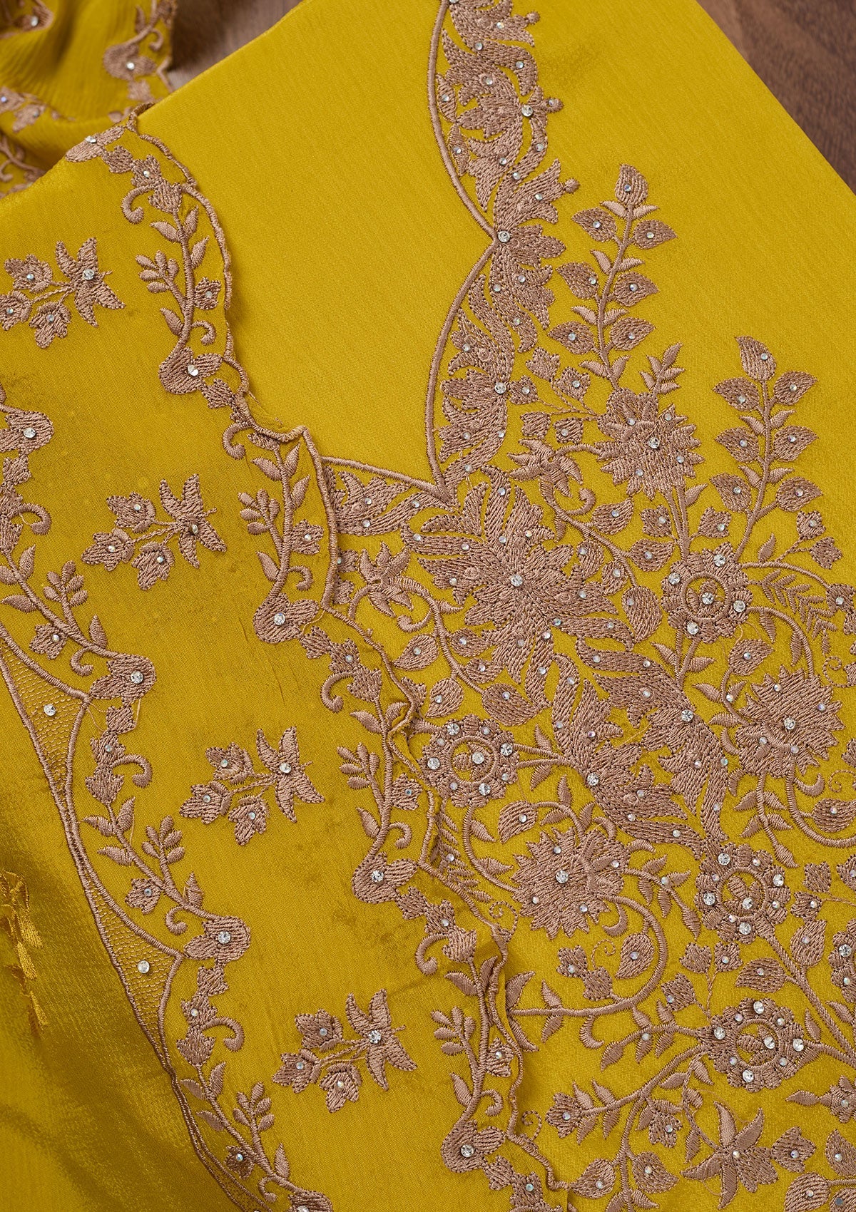 Yellow Zariwork Semi Crepe Unstitched Salwar Suit