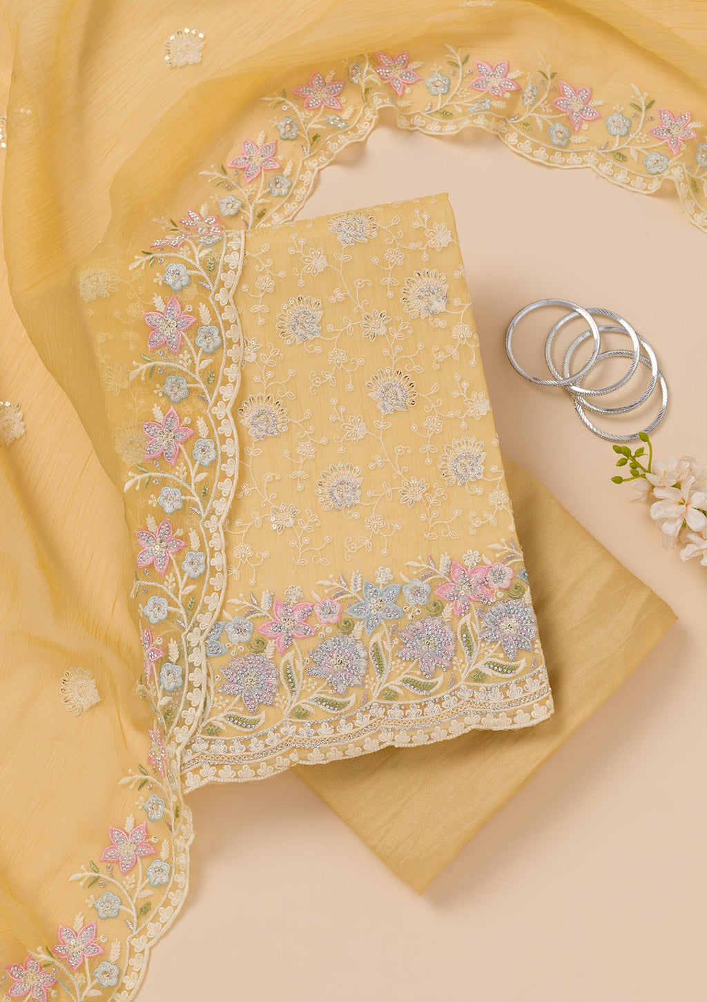 Yellow Zariwork Tissue Unstitched Salwar Suit