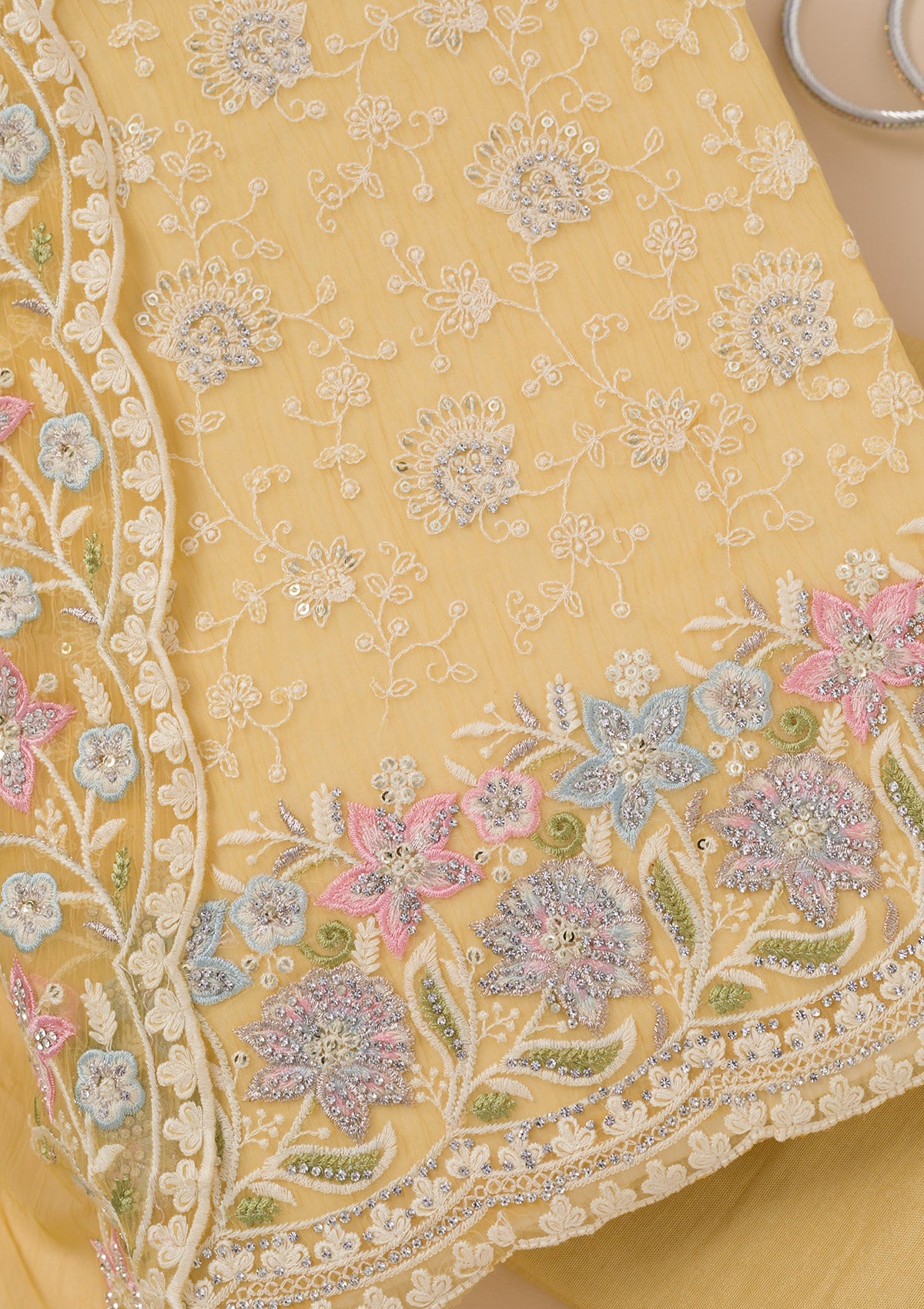 Yellow Zariwork Tissue Unstitched Salwar Suit