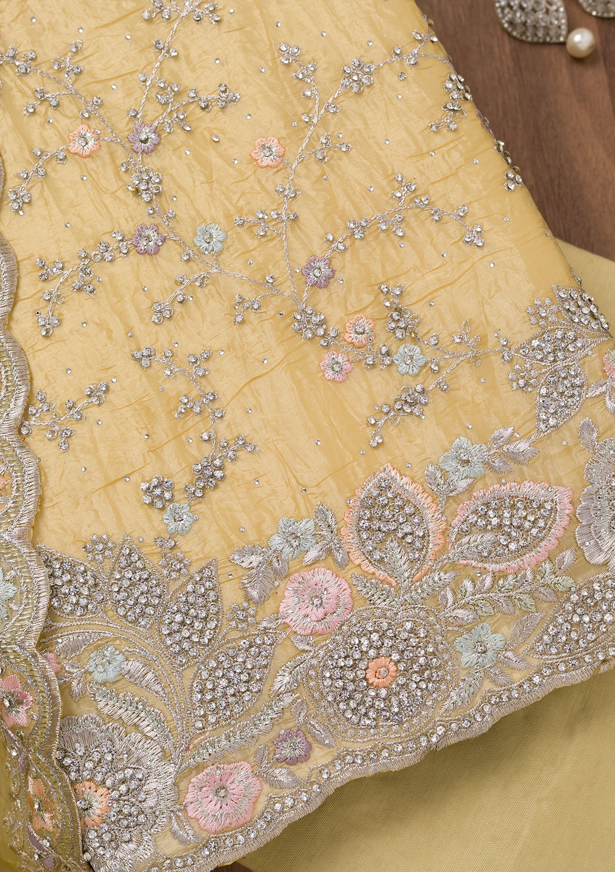 Yellow Zariwork Tissue Unstitched Salwar Suit