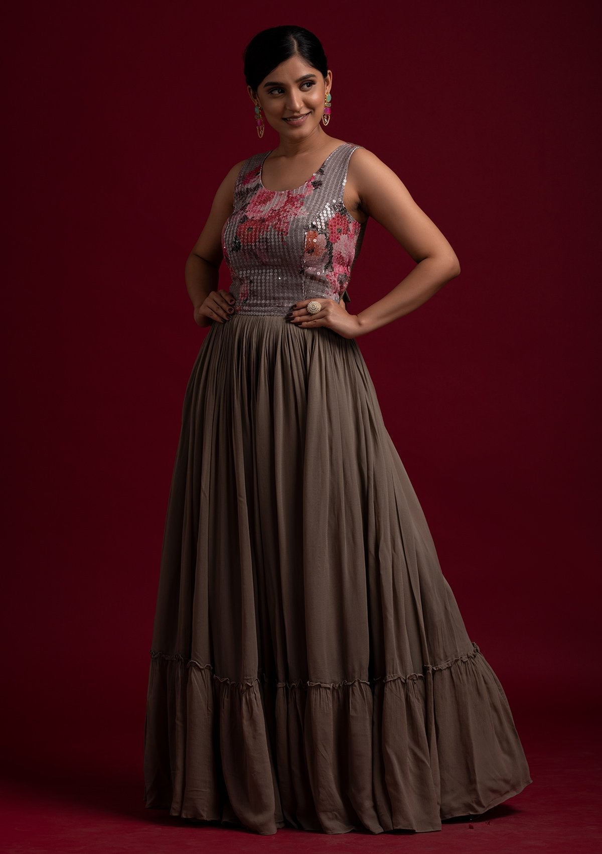 Light Brown Sequins Georgette Designer Gown