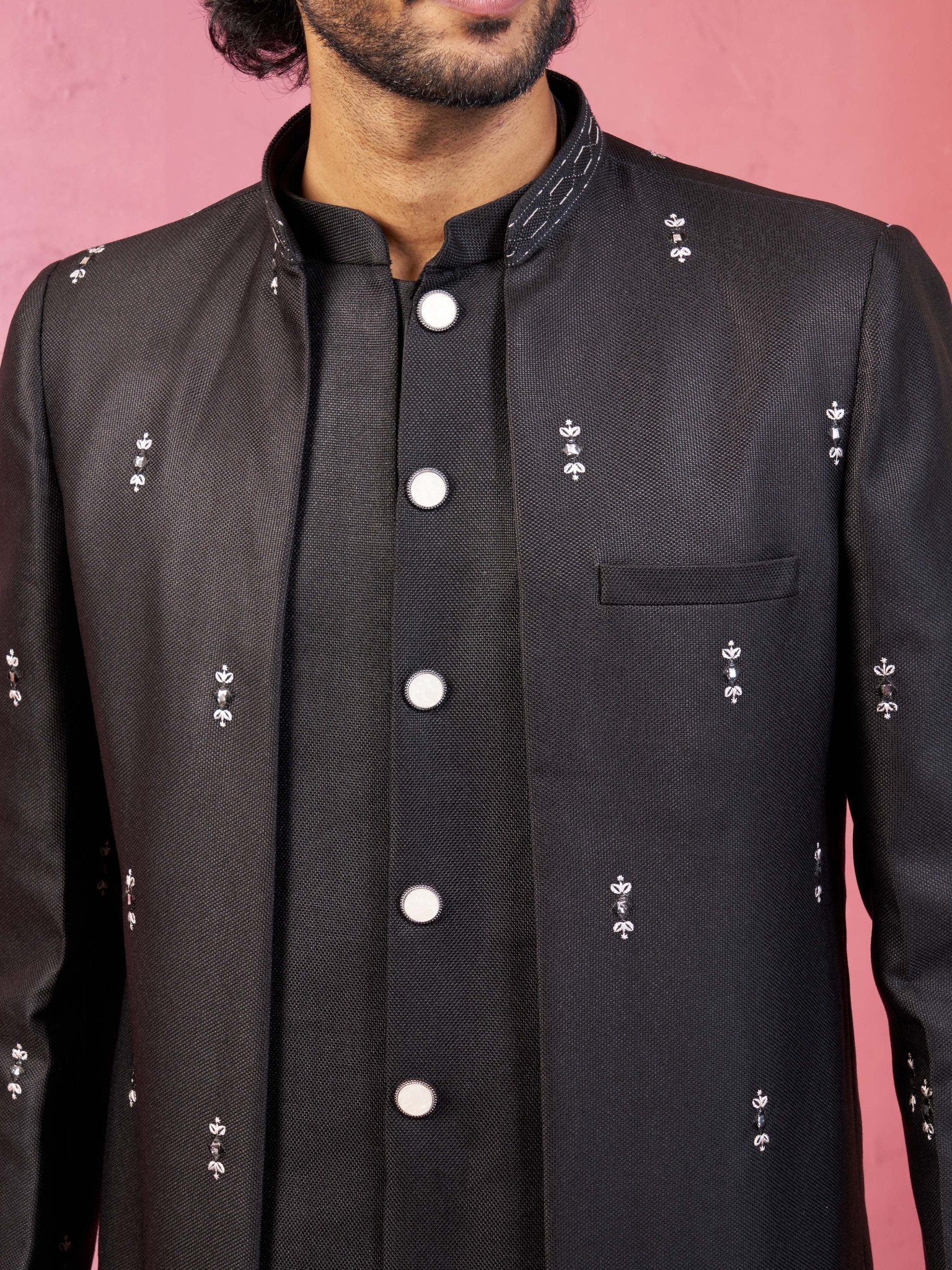 Men Blue Embroidered Indo-Western Coat with Pyjama Set