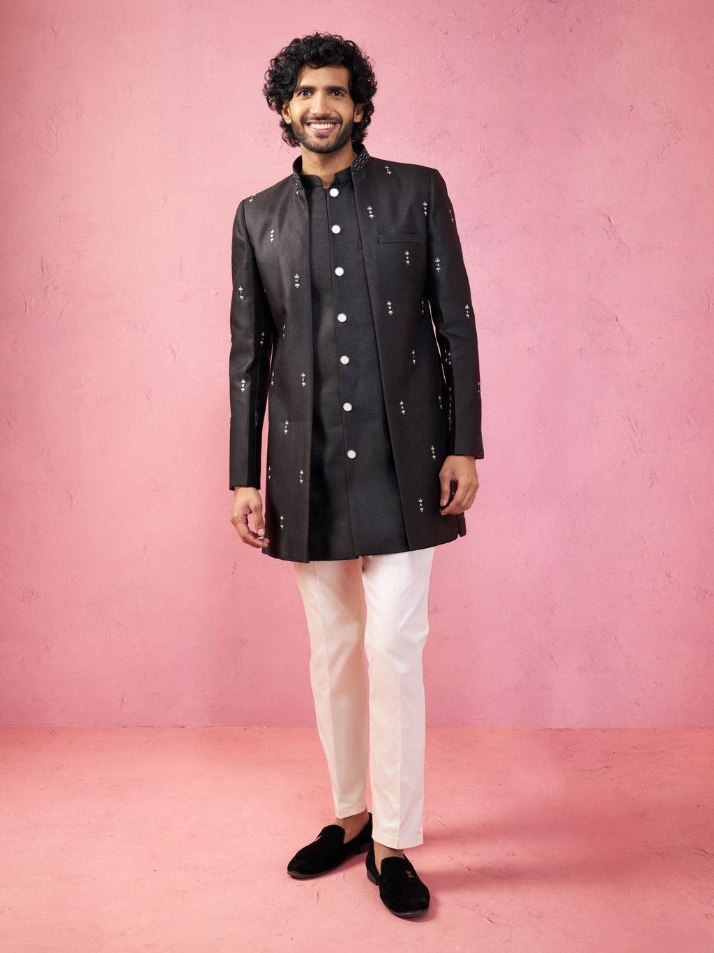 Men Blue Embroidered Indo-Western Coat with Pyjama Set