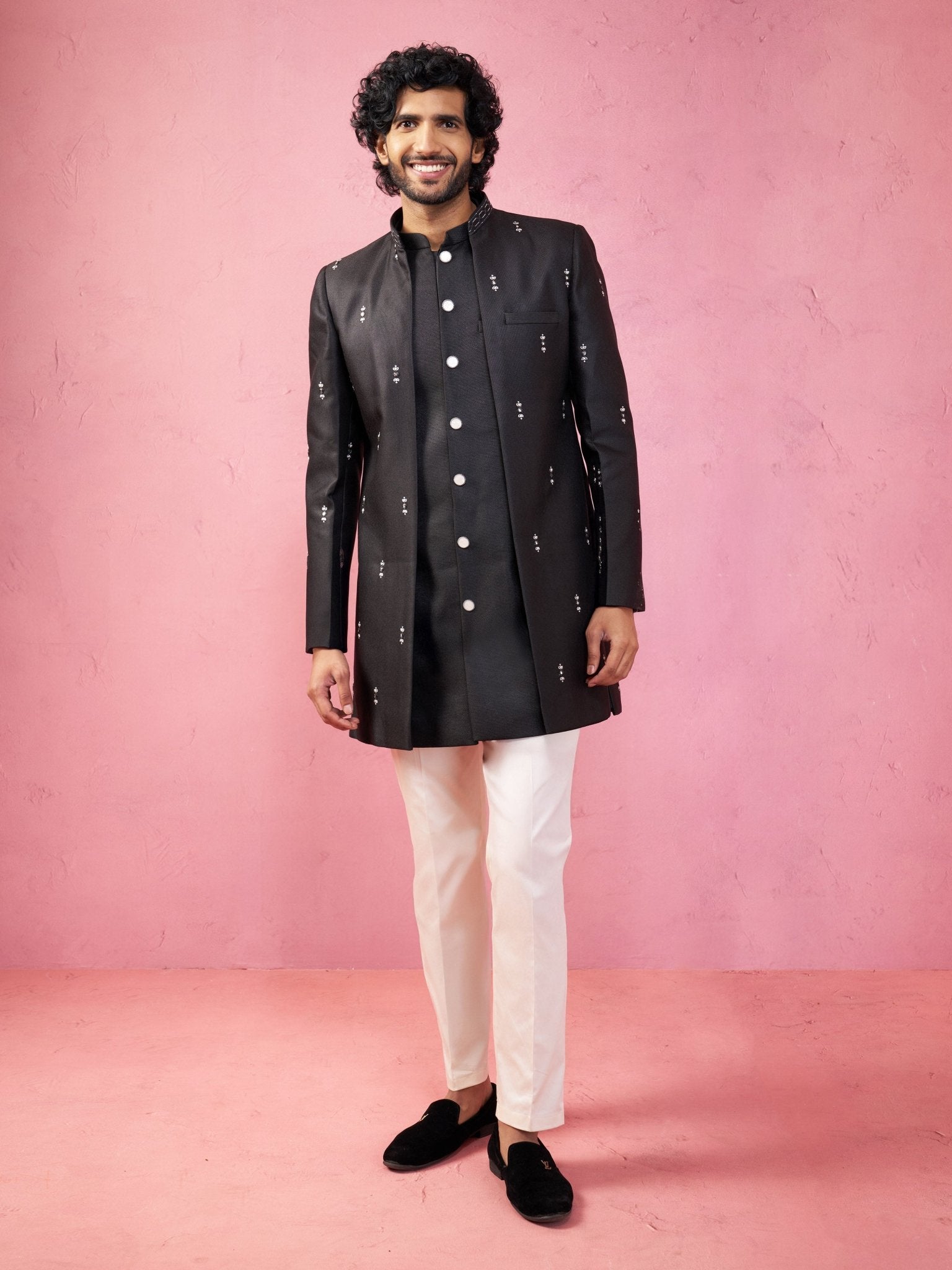 Men Blue Embroidered Indo-Western Coat with Pyjama Set