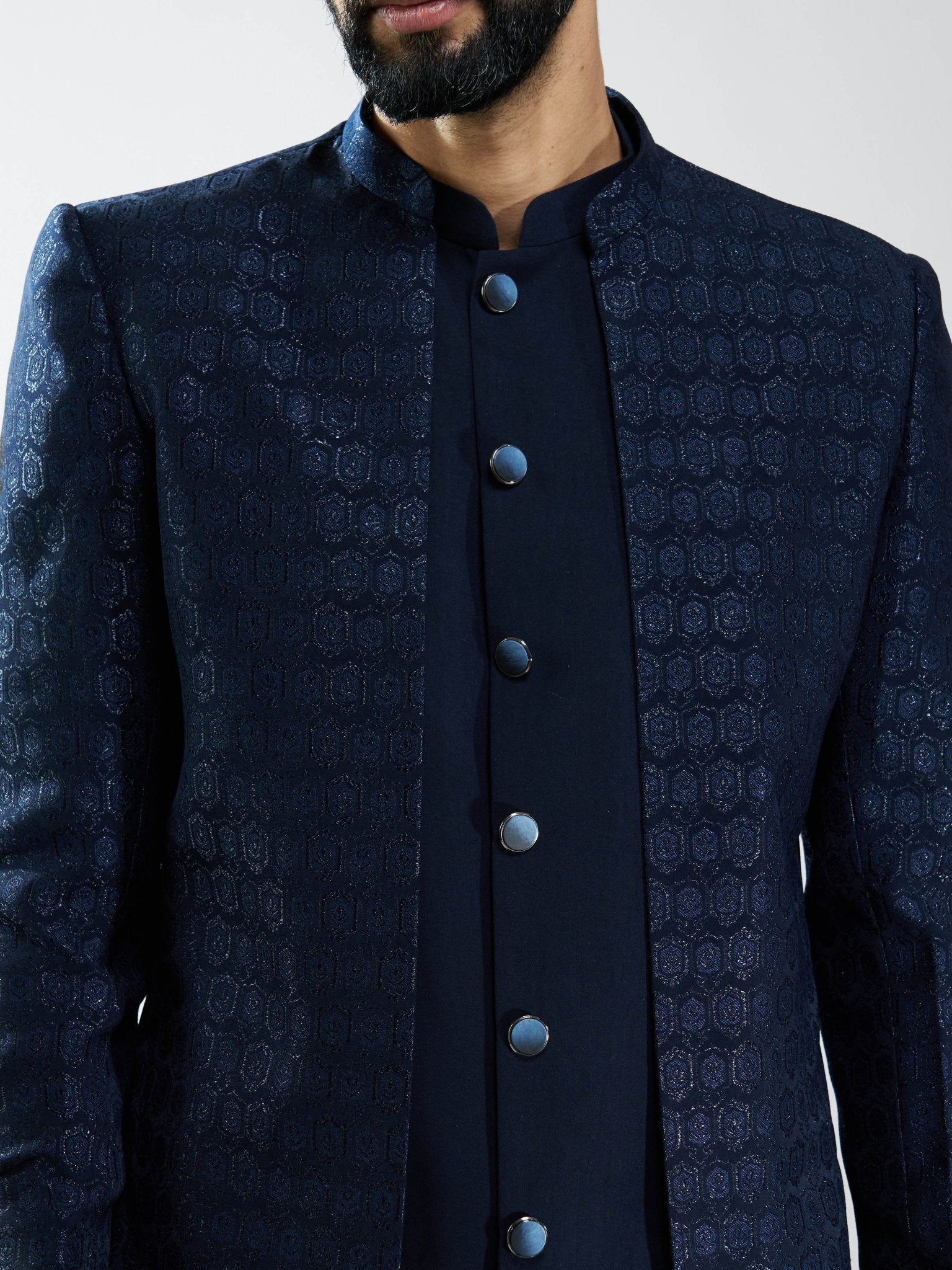 Men Navy Blue Indo-Western Suiting Set with Jacket & Pants