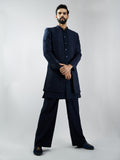 Men Navy Blue Indo-Western Suiting Set with Jacket & Pants