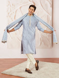 Men's Aqua Jacquard Silk Blend Kurta Pyjama Set with Woven Dupatta
