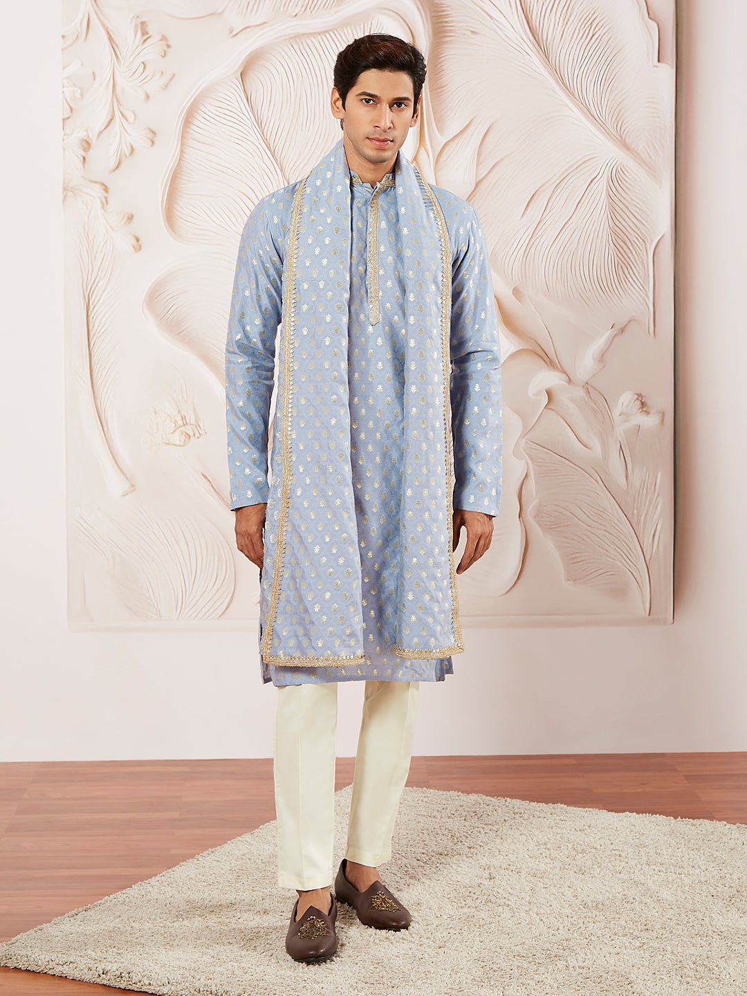 Men's Aqua Jacquard Silk Blend Kurta Pyjama Set with Woven Dupatta
