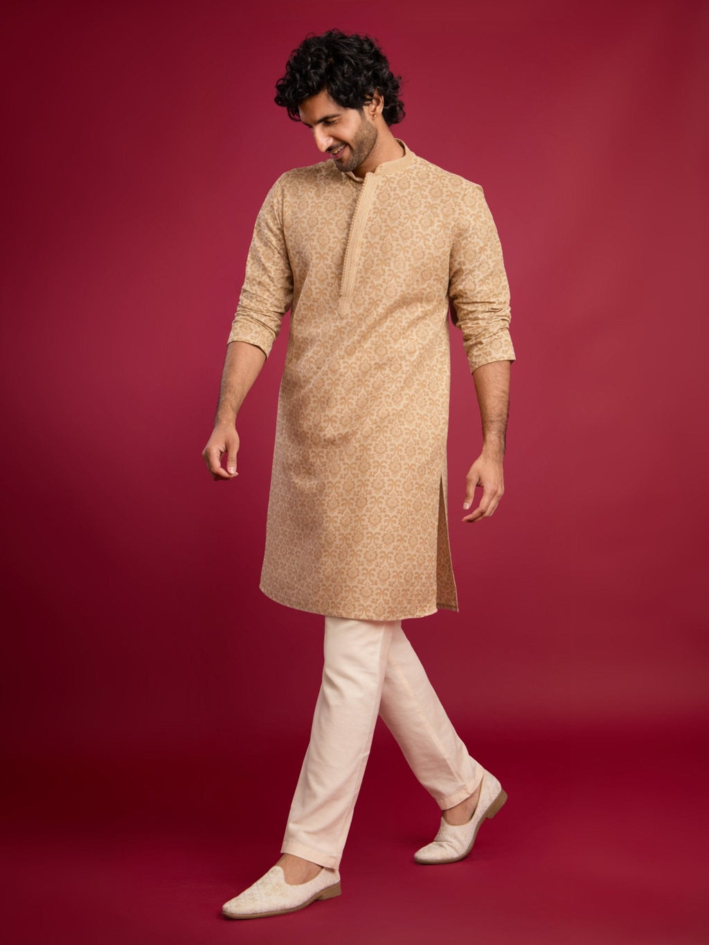 Men's Beige Silk Blend Kurta with Cream Pyjama Set