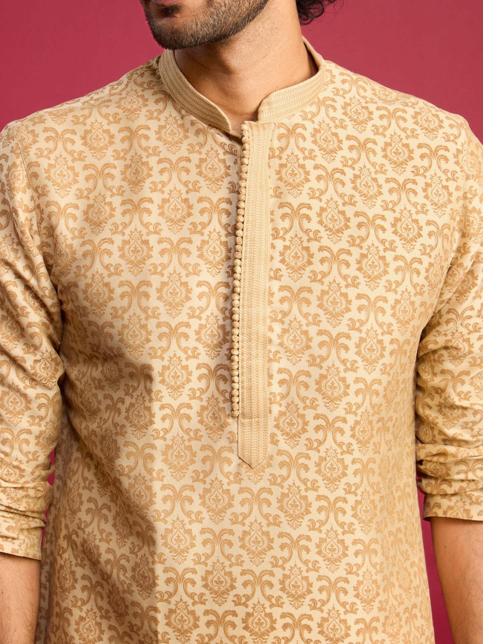 Men's Beige Silk Blend Screen Printed Thread Embroidered Long Kurta