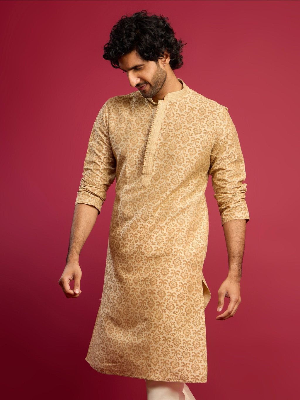 Men's Beige Silk Blend Screen Printed Thread Embroidered Long Kurta
