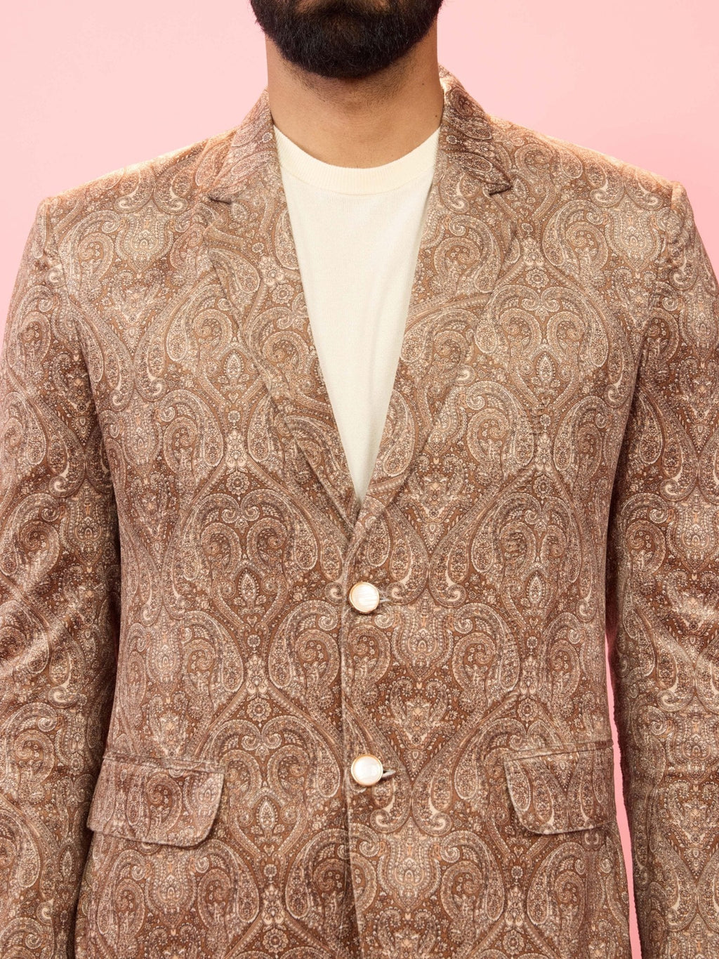 Men's Beige Velvet Paisley Digital Print Notch Collar Wedding Blazer