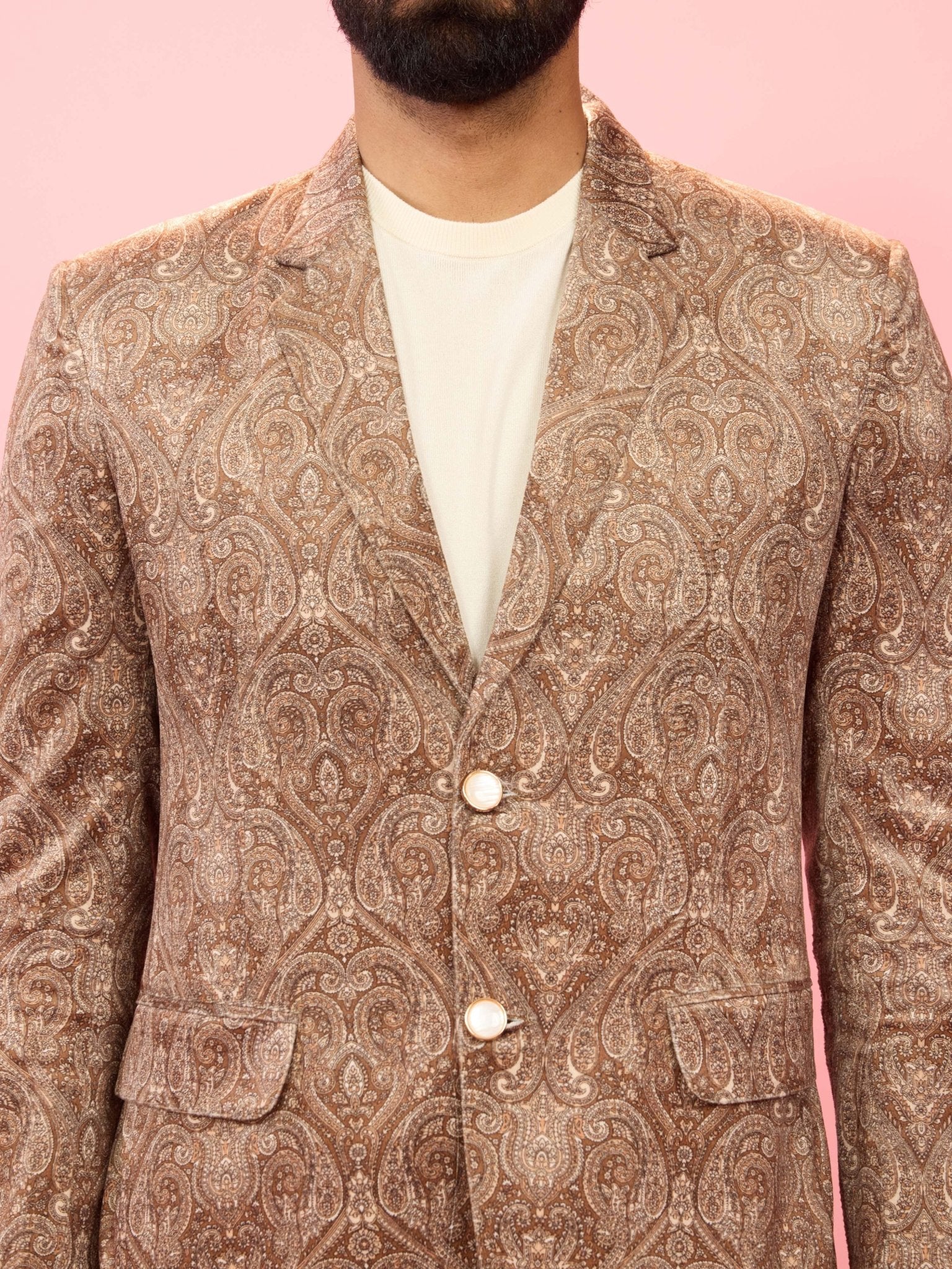 Men's Beige Velvet Paisley Digital Print Notch Collar Wedding Blazer