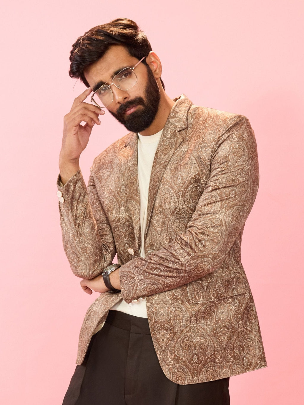 Men's Beige Velvet Paisley Digital Print Notch Collar Wedding Blazer