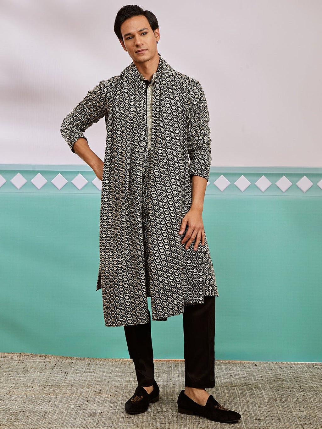 Men's Black Chikankari Embroidered Kurta Set with Fine Satin Pyjama & Embroidered Dupatta