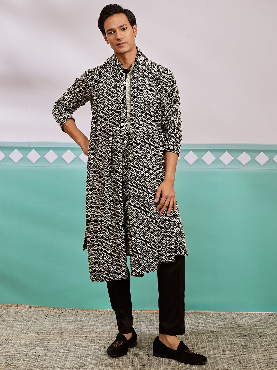 Men's Black Chikankari Embroidered Kurta Set with Fine Satin Pyjama & Embroidered Dupatta