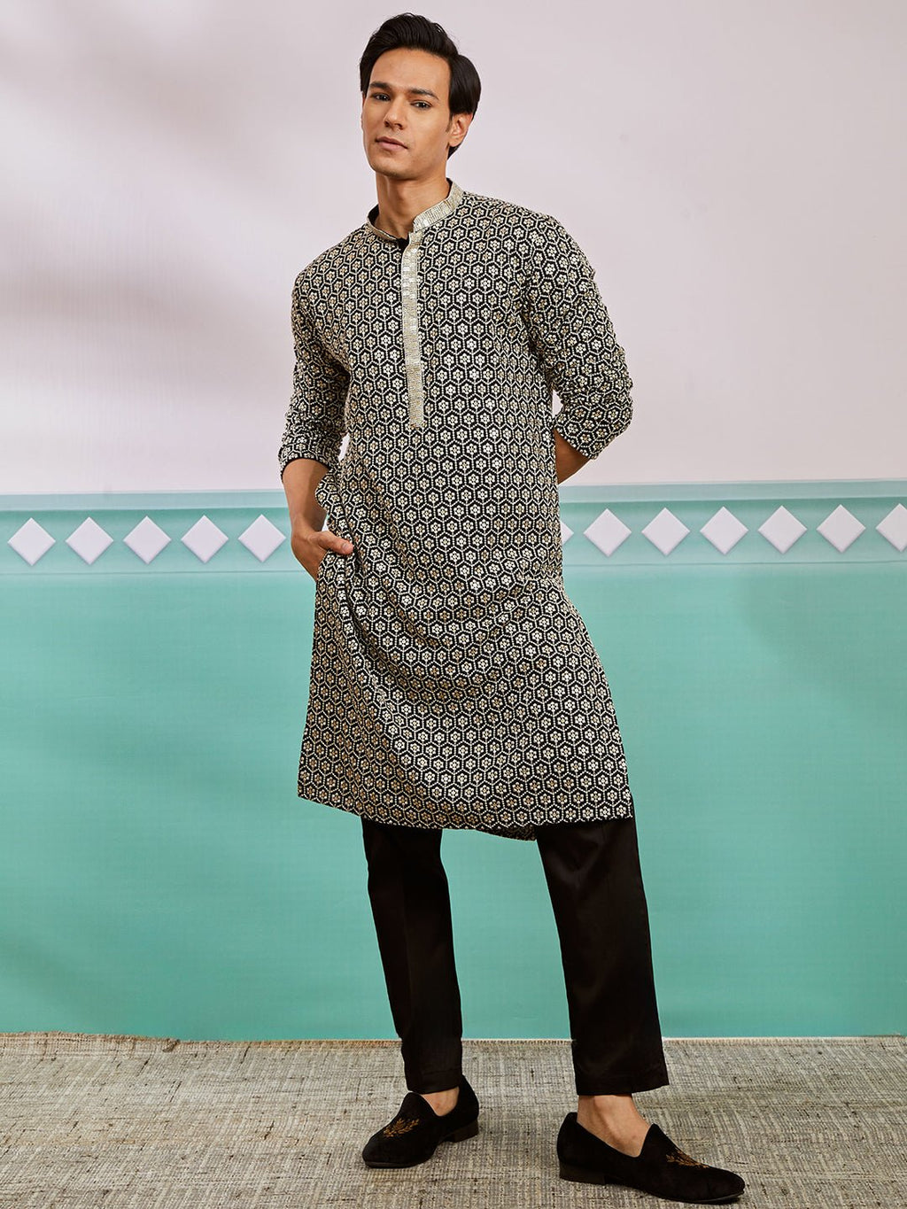 Men's Black Chikankari Embroidered Rayon Kurta with Fine Satin Pyjama Set