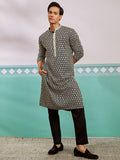 Men's Black Chikankari Embroidered Rayon Kurta with Fine Satin Pyjama Set