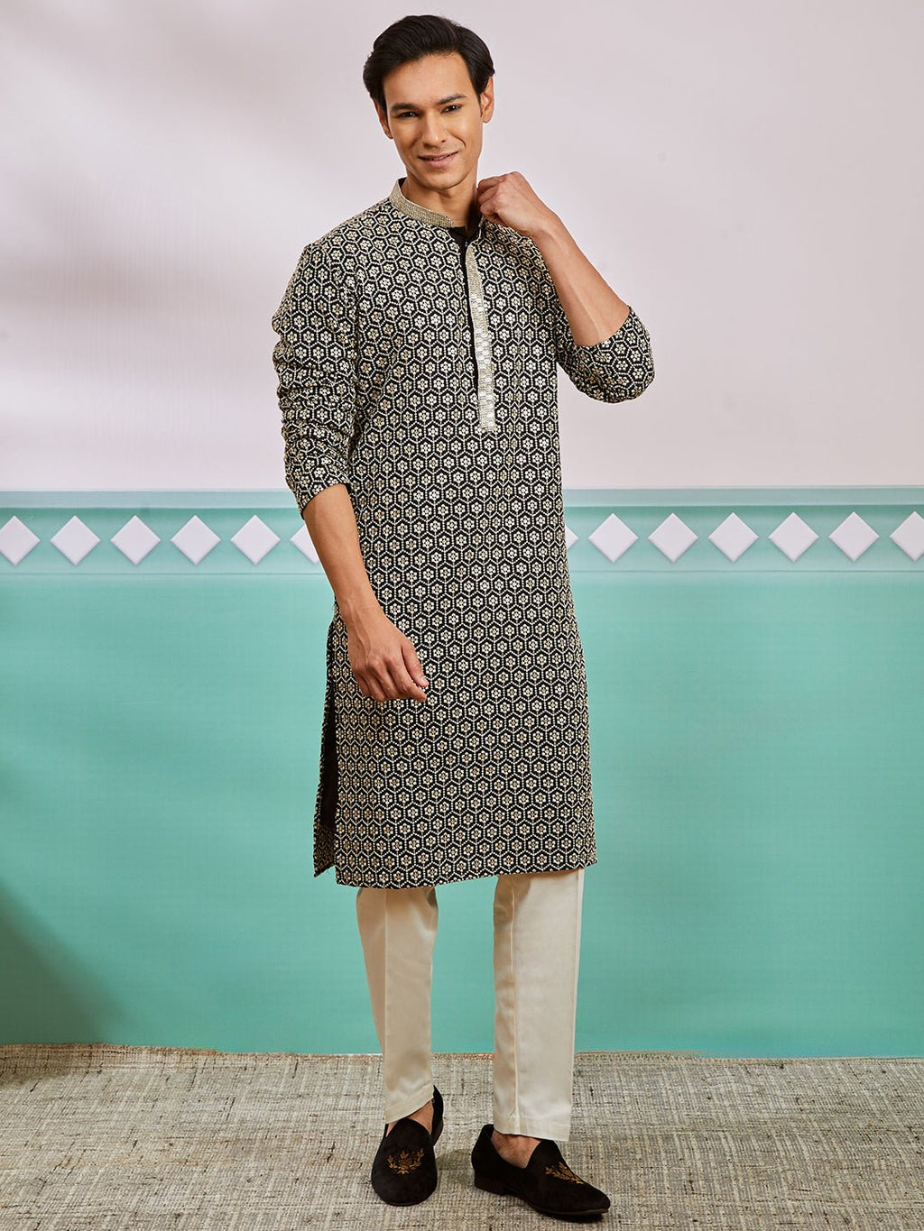Men's Black Chikankari Rayon Kurta with Cream Fine Satin Pyjama