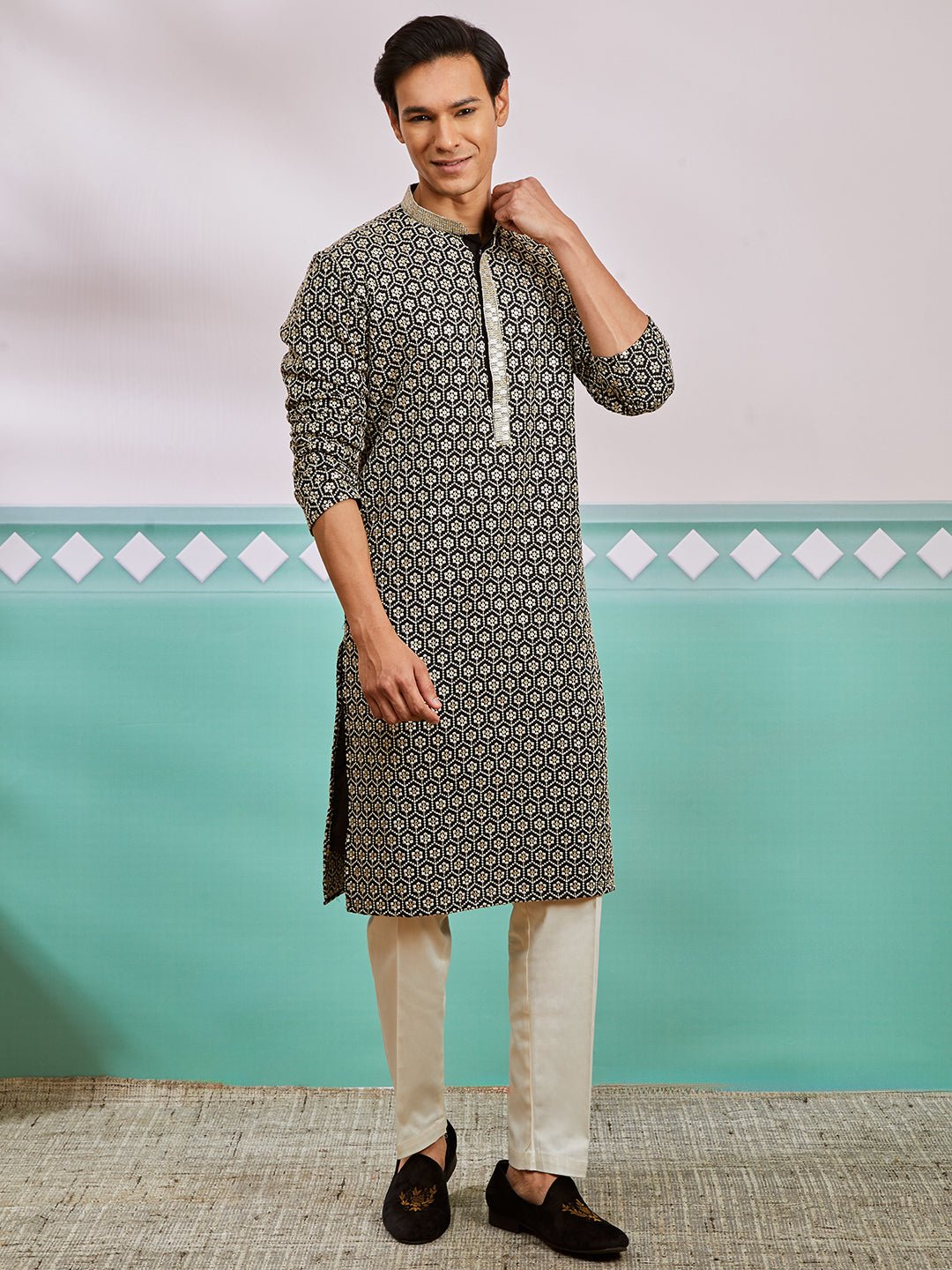 Men's Black Chikankari Rayon Kurta with Cream Fine Satin Pyjama