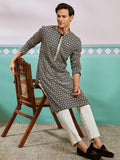 Men's Black Chikankari Rayon Kurta with Cream Fine Satin Pyjama