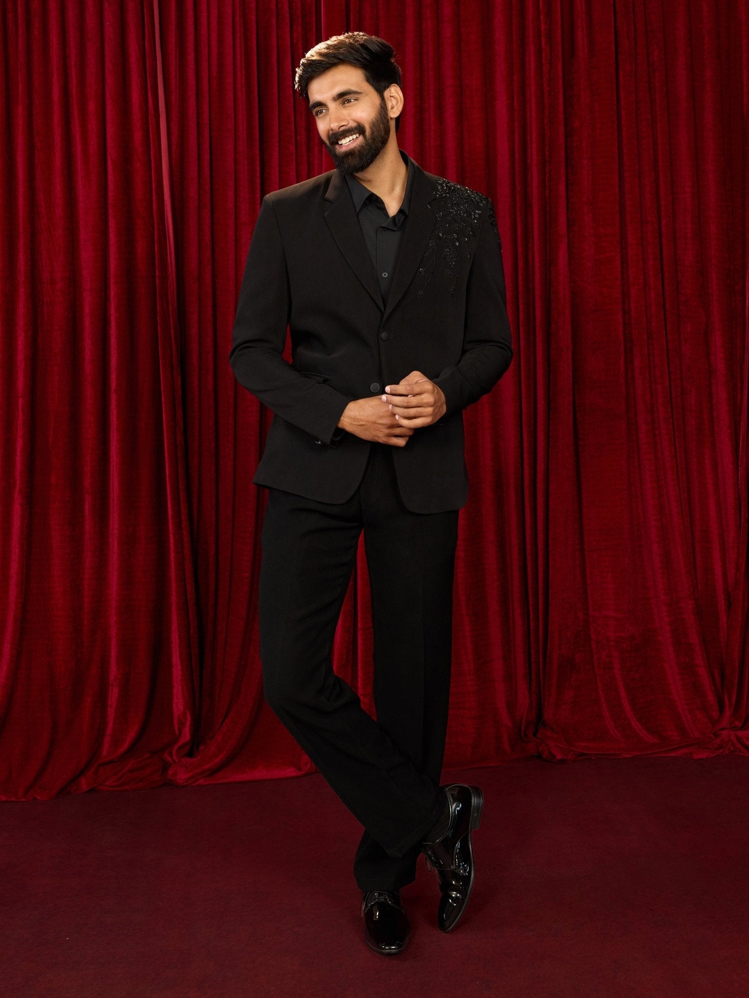 Men's Black Cutdana Bead Work Blazer & Straight Pant Set