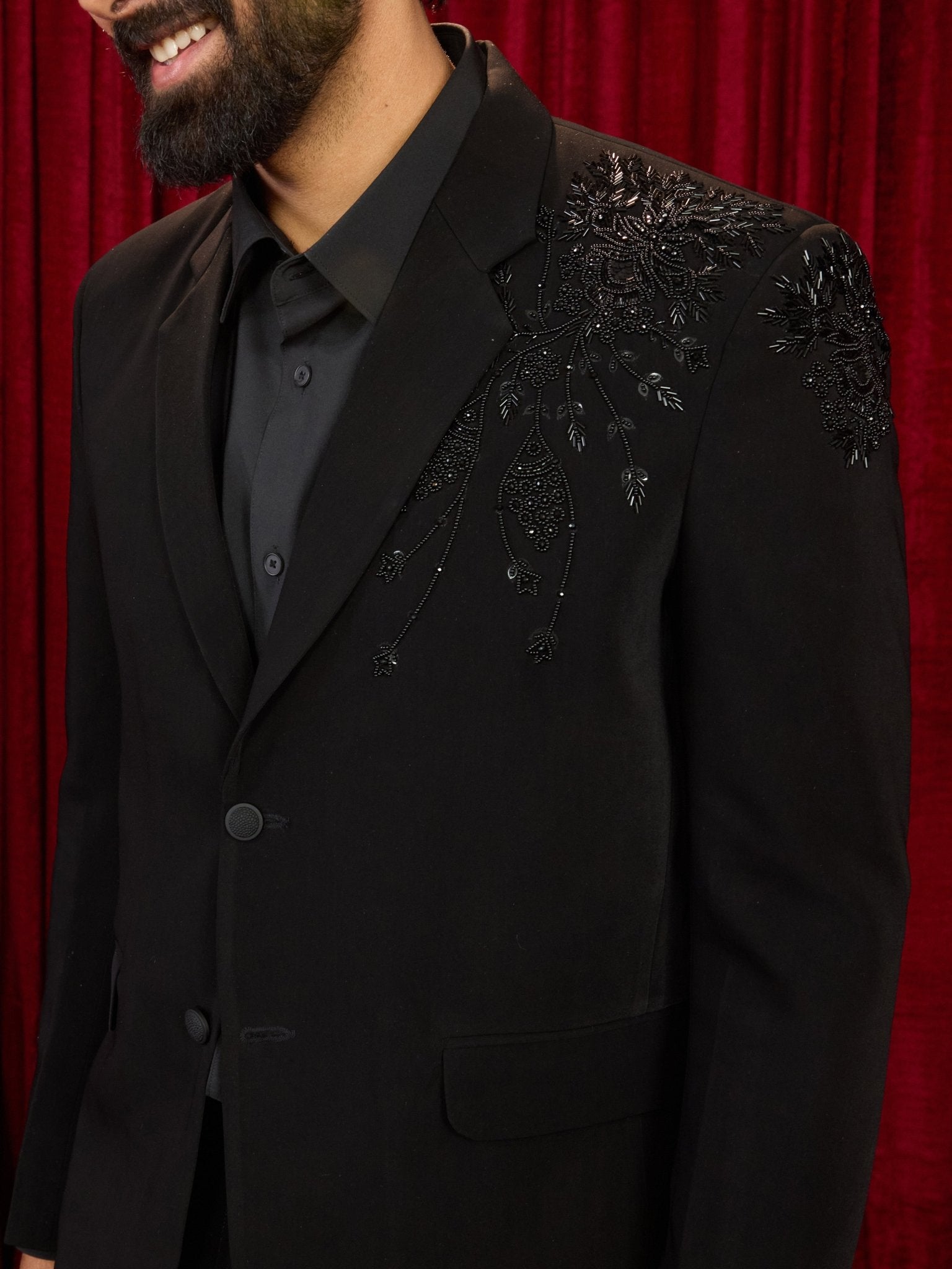 Men's Black Cutdana Bead Work Blazer & Straight Pant Set