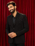 Men's Black Cutdana Bead Work Floral Ethnic Notch Collar Wedding Blazer