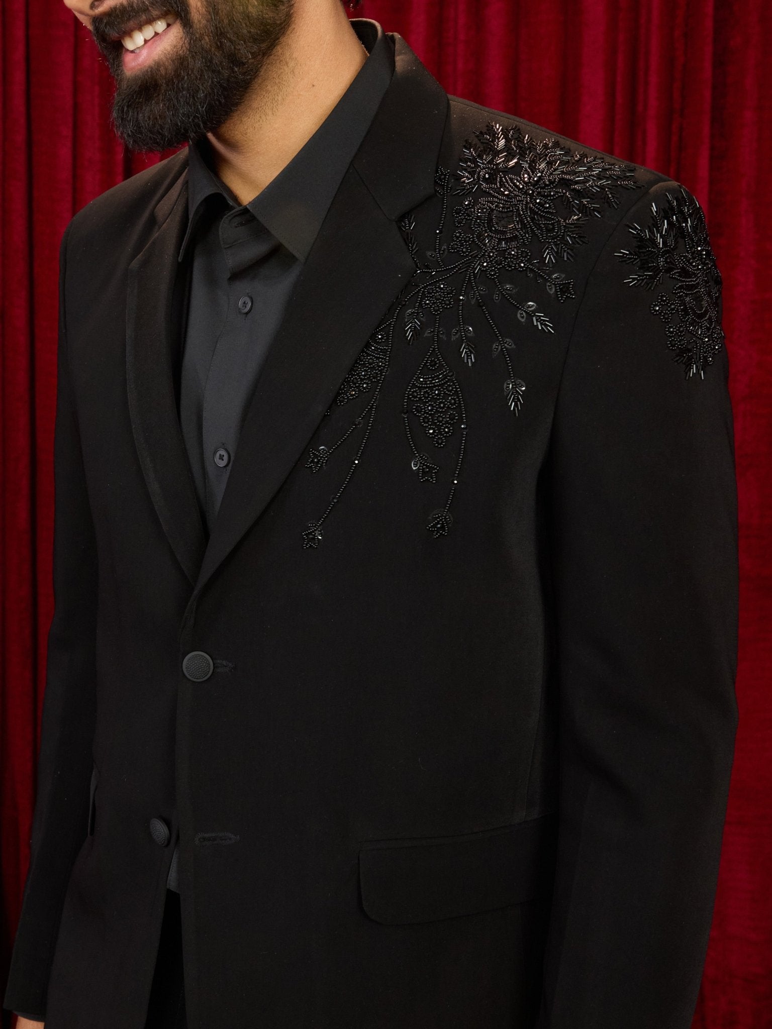 Men's Black Cutdana Bead Work Floral Ethnic Notch Collar Wedding Blazer