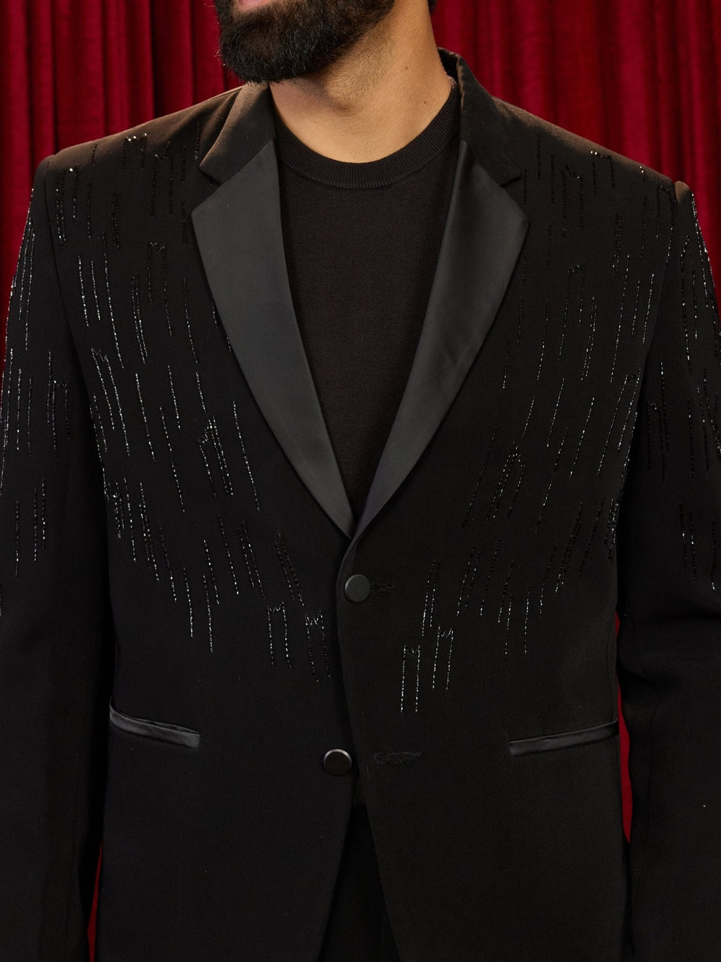 Men's Black Cutdana Work Geometric Notch Collar Wedding Blazer