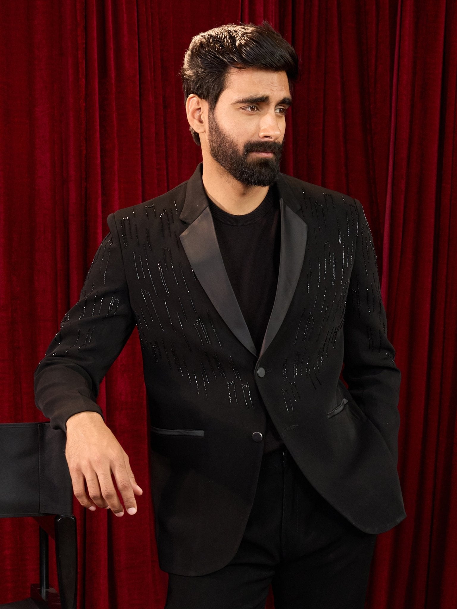 Men's Black Cutdana Work Geometric Notch Collar Wedding Blazer