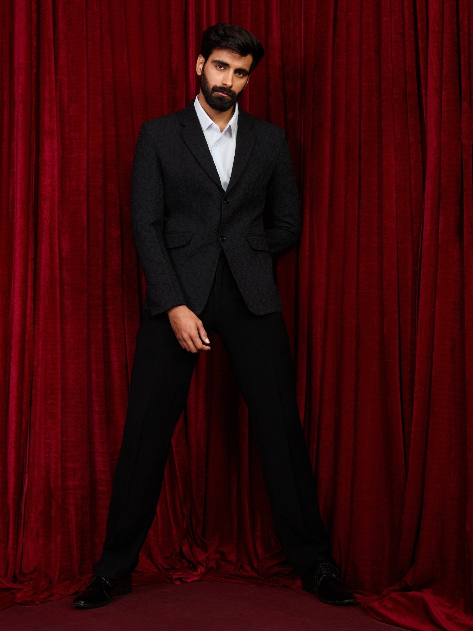 Men's Black Embossed Bafta Blazer & Straight Pant Co-ord Set