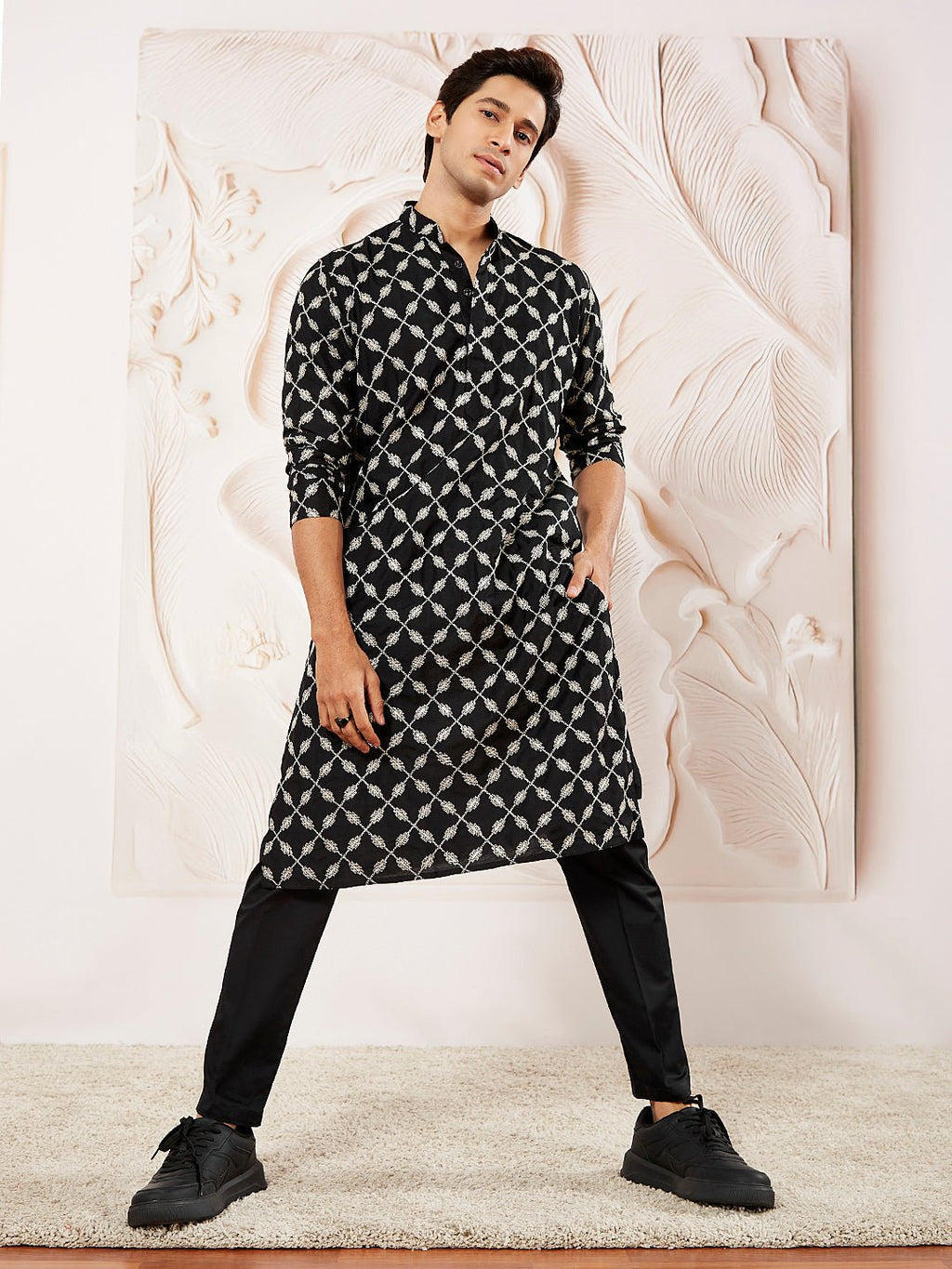 Men's Black Embroidered Cotton Kurta Pyjama Set