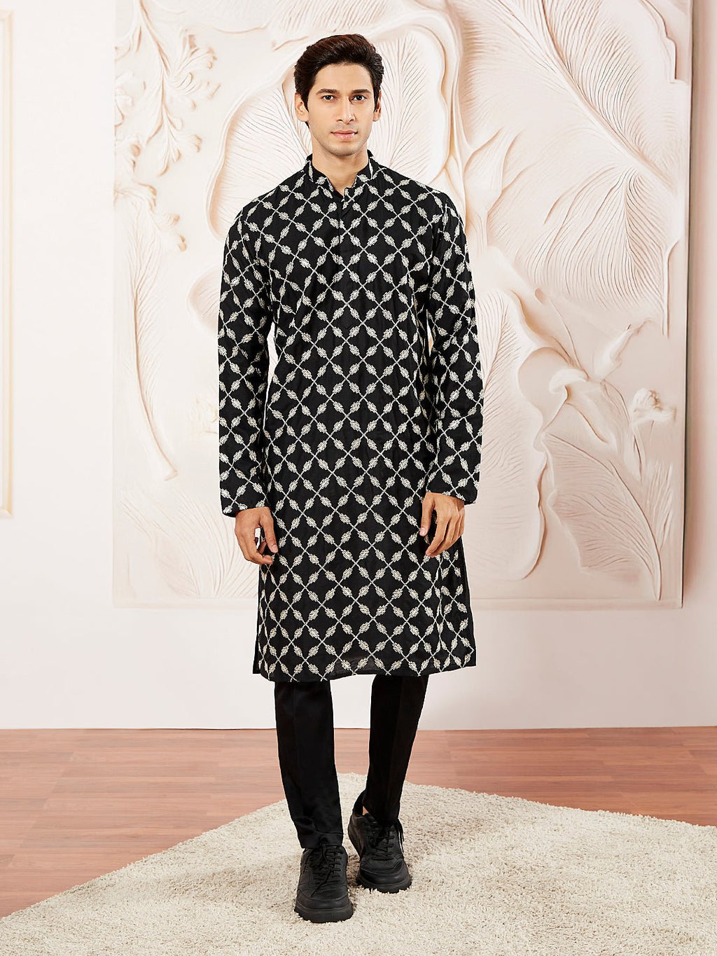 Men's Black Embroidered Cotton Kurta Pyjama Set