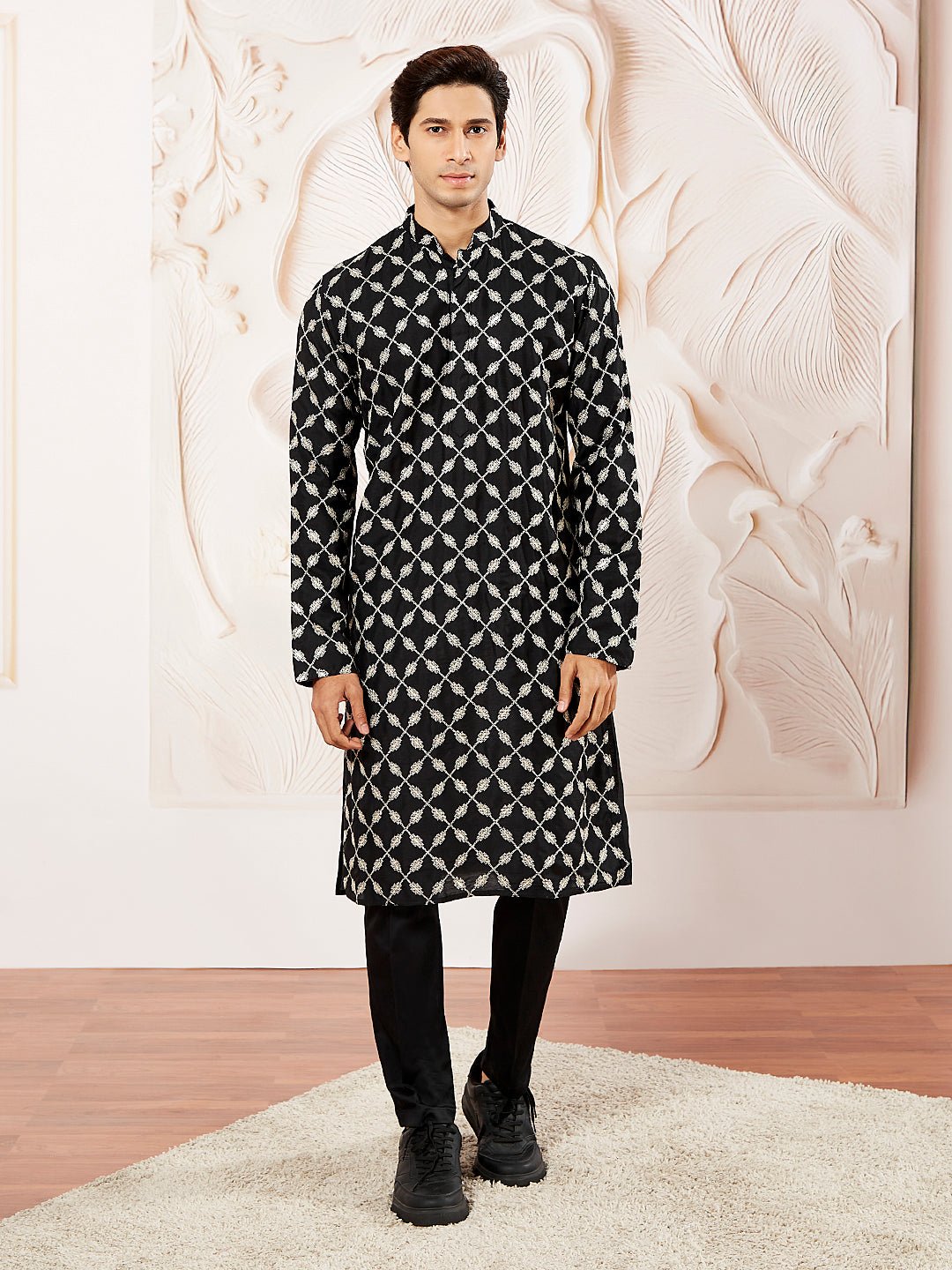 Men's Black Embroidered Cotton Kurta Pyjama Set