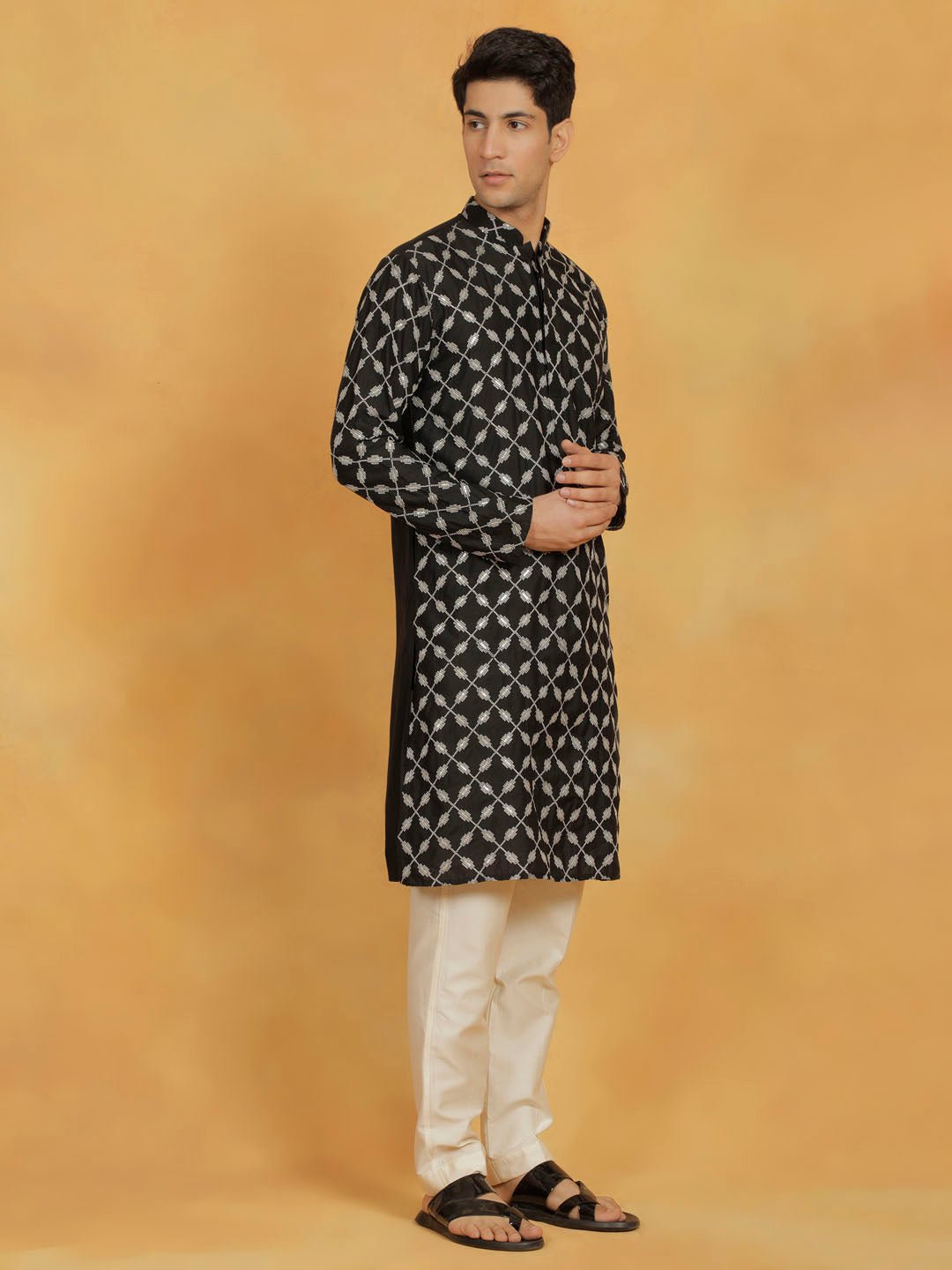 Men’s Black Embroidered Kurta with Cream Pyjama Set