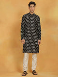 Men’s Black Embroidered Kurta with Cream Pyjama Set