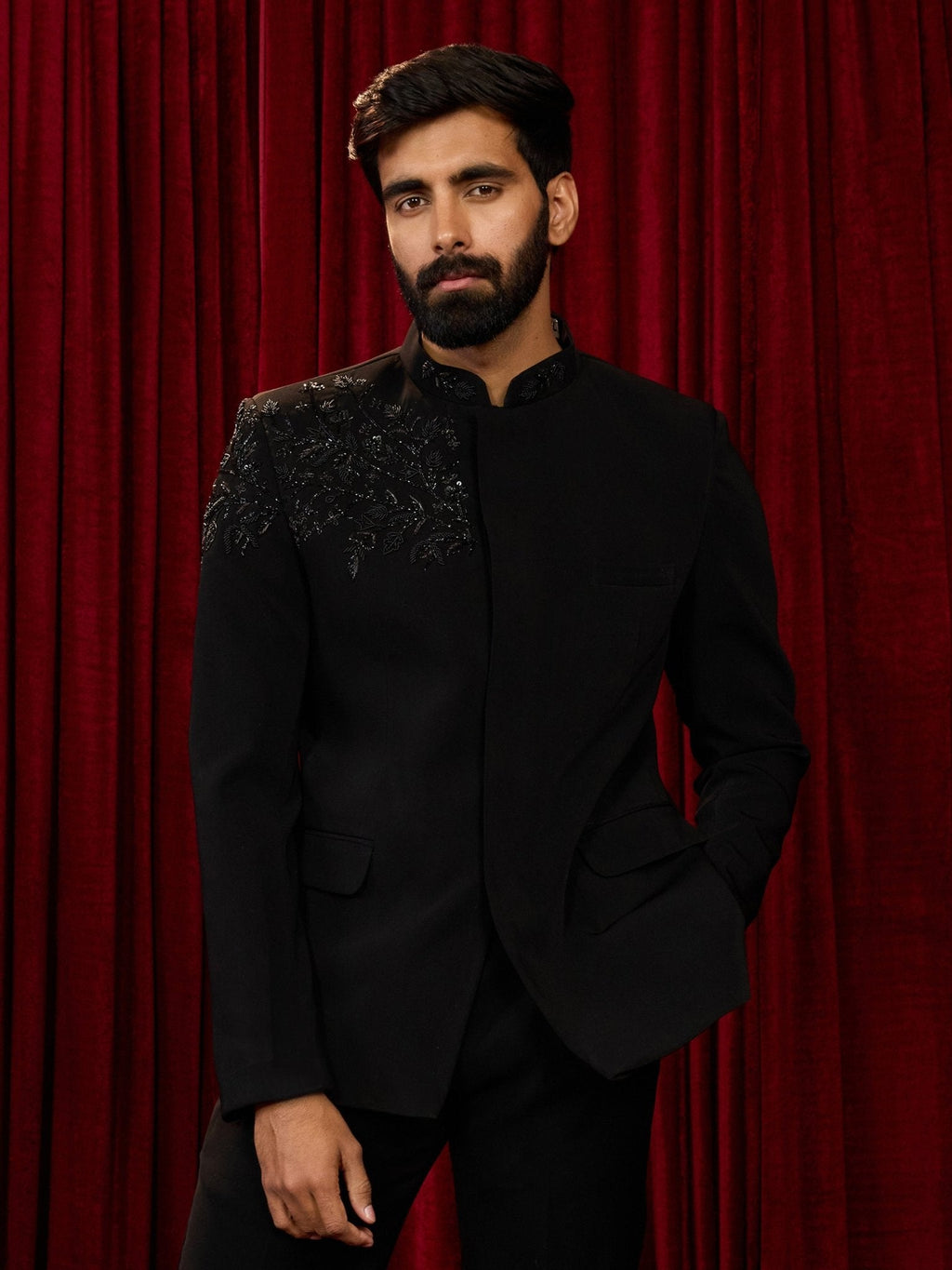 Men's Black Imported Suiting Floral Cutdana Stone Work Full Sleeve Jodhpuri Jacket