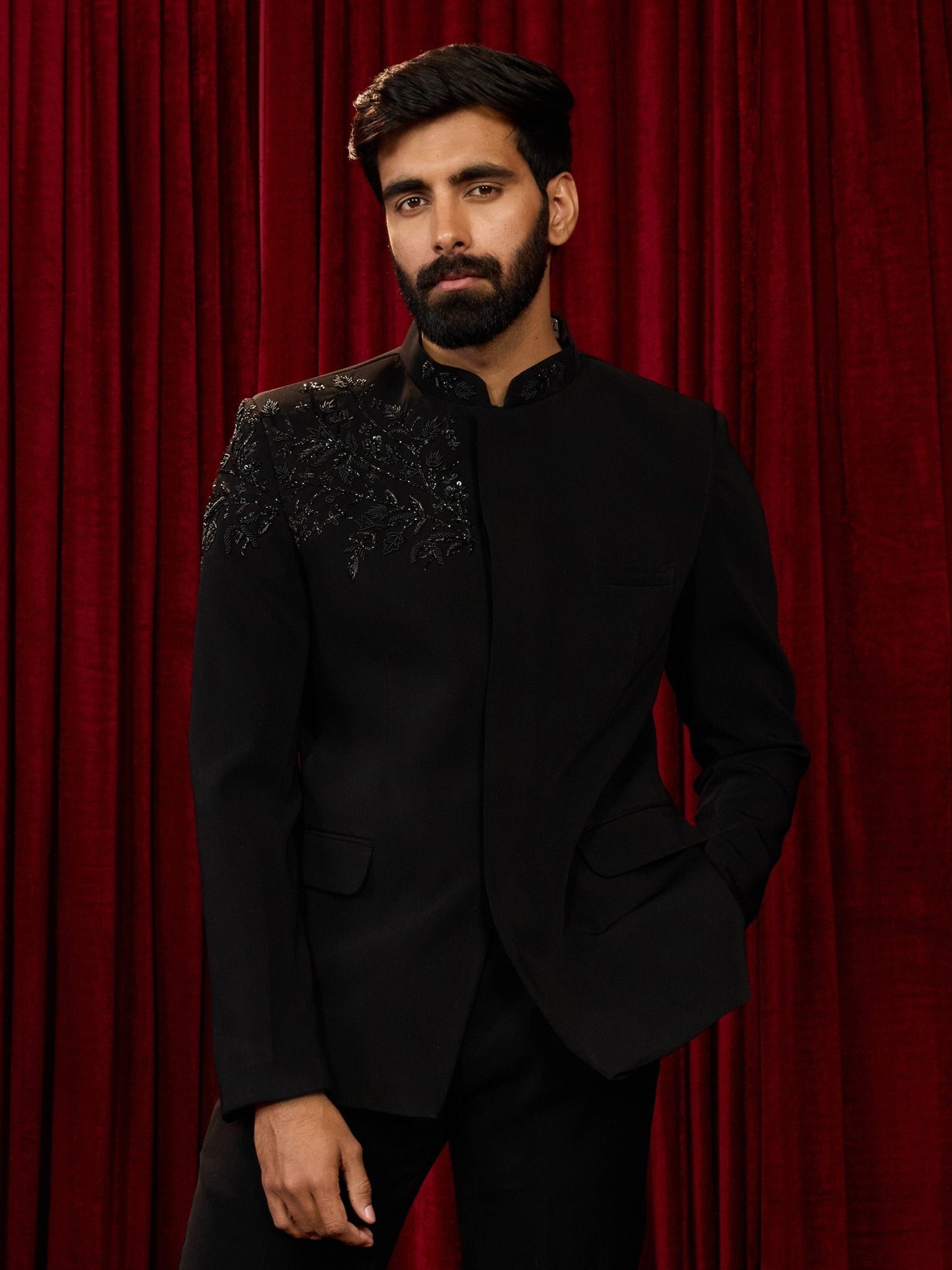 Men's Black Imported Suiting Floral Cutdana Stone Work Full Sleeve Jodhpuri Jacket