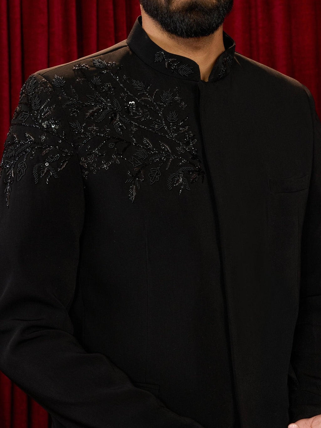 Men's Black Imported Suiting Floral Cutdana Stone Work Jodhpuri Jacket & Straight Pant Set