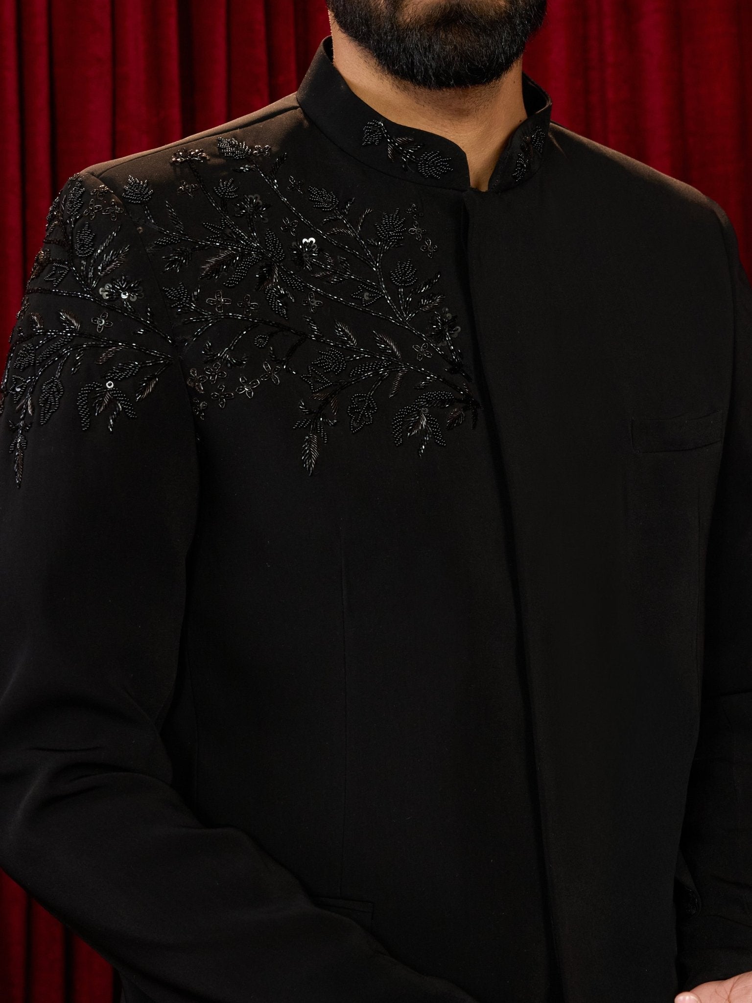 Men's Black Imported Suiting Floral Cutdana Stone Work Jodhpuri Jacket & Straight Pant Set