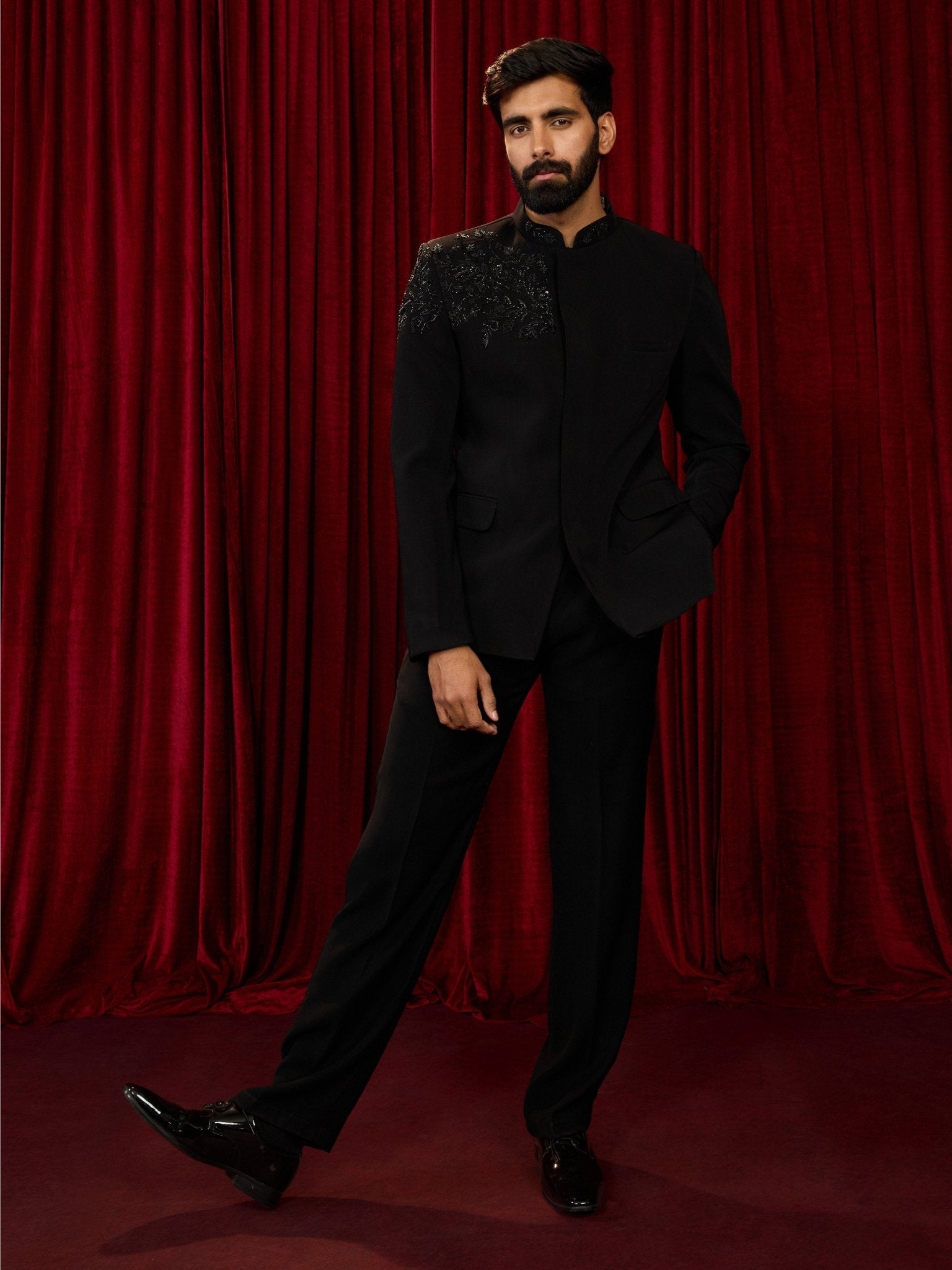 Men's Black Imported Suiting Floral Cutdana Stone Work Jodhpuri Jacket & Straight Pant Set